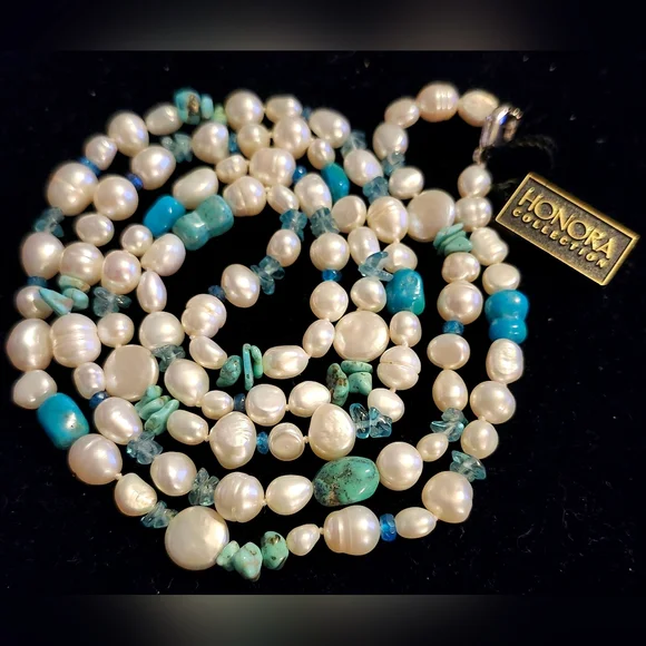 Honora 925 Pearl, Blue Topaz, & Turquoise Necklace NWT (40 inches) - Picture 4 of 7